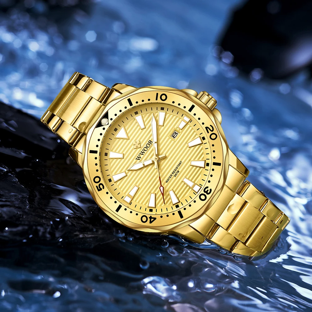 

Часы WWOOR мужские Кварцевые водонепроницаемые, брендовые модные роскошные золотистые из нержавеющей стали, с автоматической датой