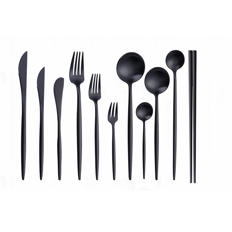 

Matte Black Tableware Stainless Steel Cutlery Set Forks Knives Spoons Chopsticks Cutlery Set Complete Black Dinnerware Set