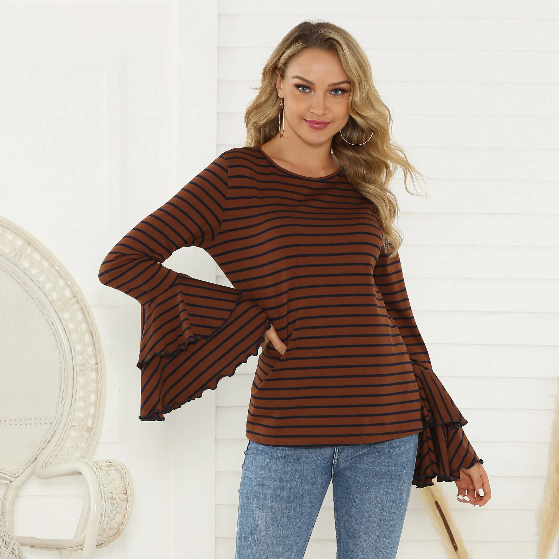 

2021 Trend Striped Plus Size Tops Mujer Loose Waist Oversized T Shirt Vintage O-neck Long Sleeve Shirts for Women Free Shipping