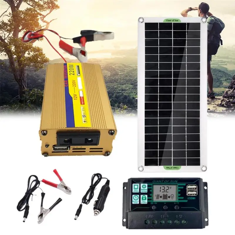 Solar Power System Kit 10/40/60A Controller Panel Battery Charger 220W Inverter USB Kits Complete Home Grid Camping | Обустройство