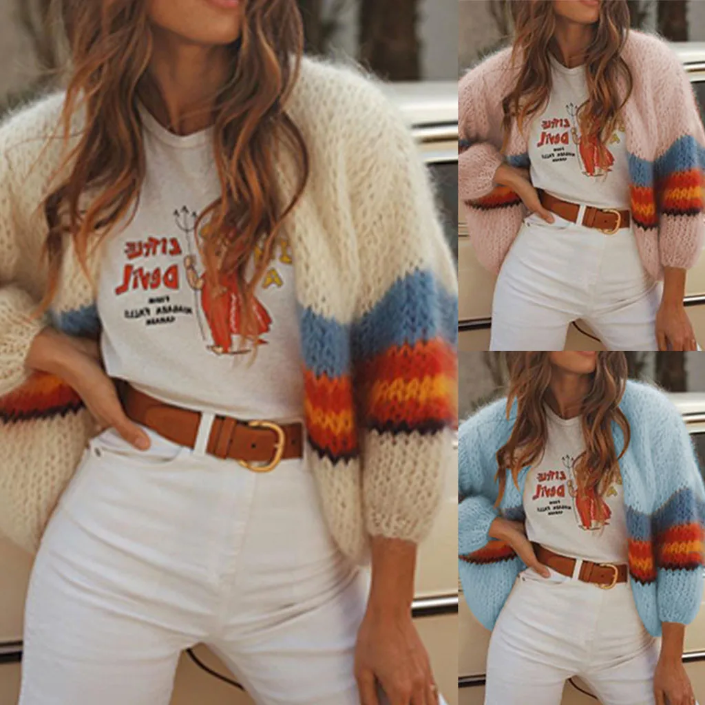 

Vogue Nice Autumn And Winter Ladies Solid Color Striped long-sleeved Warm Color Cardigan Sweater Casual High Quality
