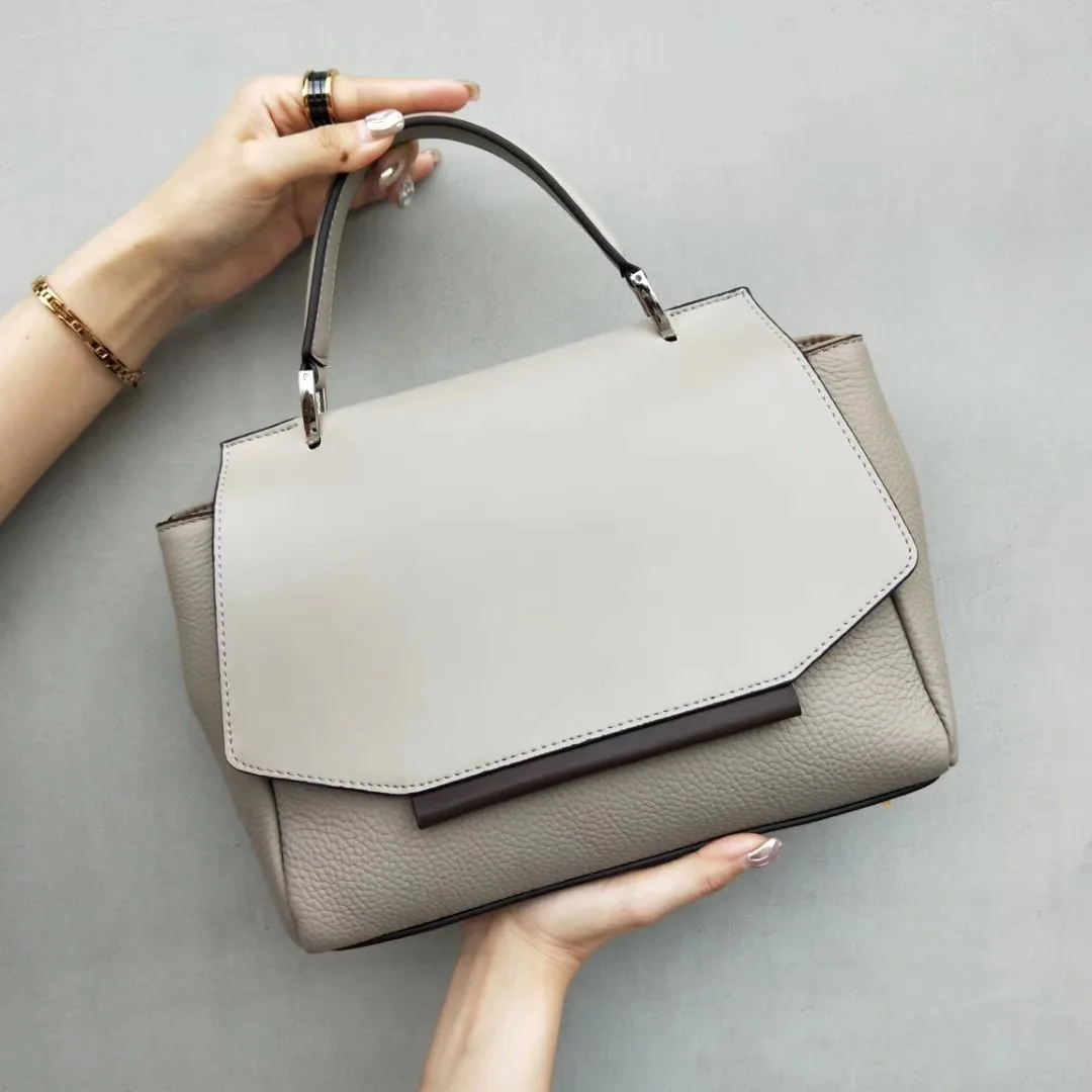 Women Handbag Luxury 100% Natural Cowhide Leather Panelled Trapeze Bag Large Shoulder Messenger Bag Sac