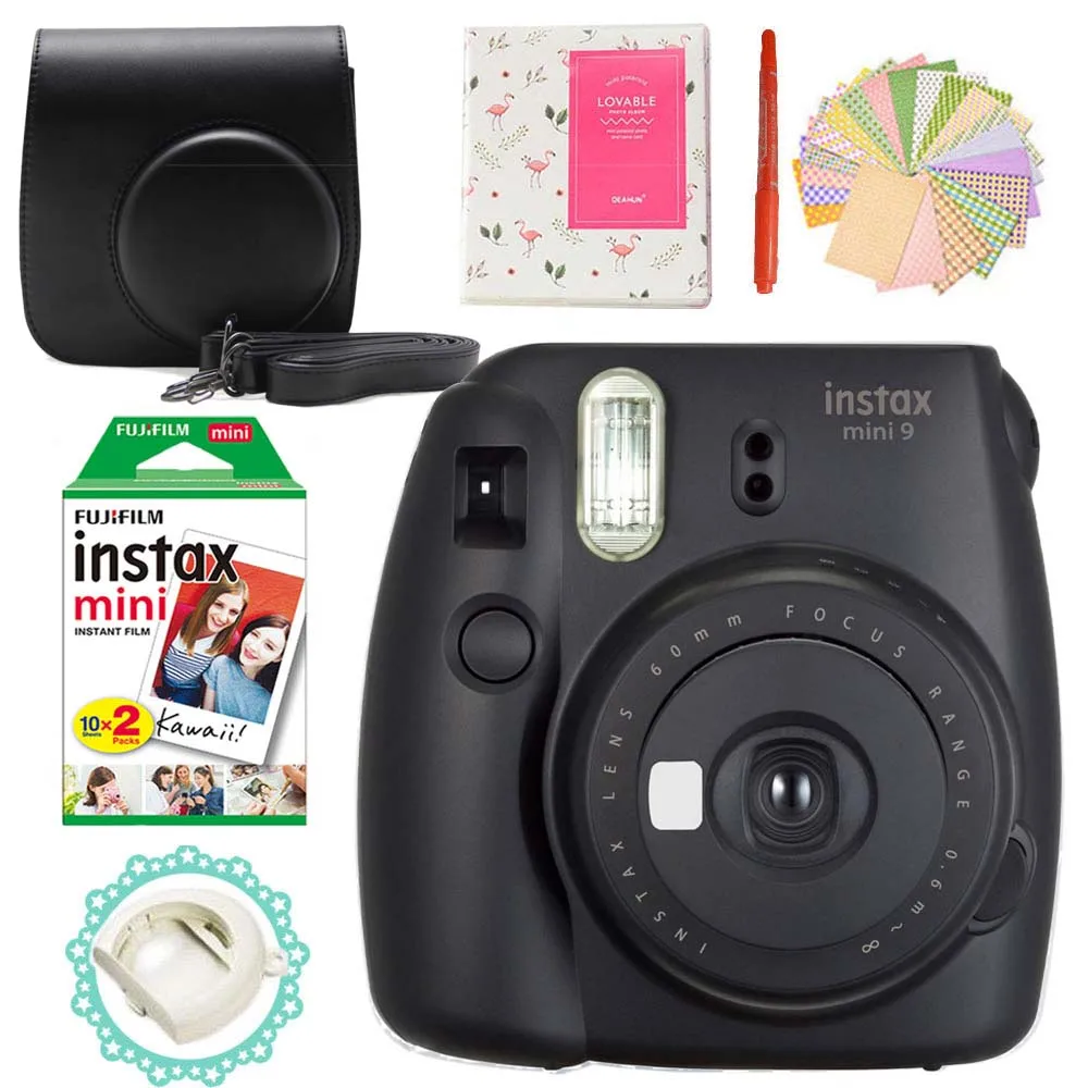 Фотокамера моментальной печати Fujifilm Instax Mini 9+ 20 снимков Instax Mini 8 белых пленок фото+ чехол для переноски/альбом/ручка/наклейки - Цвет: Black