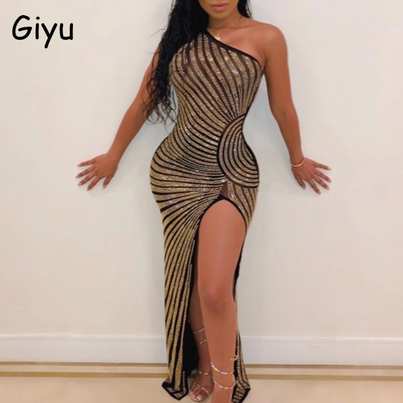

Giyu Maxi Long Dresses Women Summer Sexy Diamonds Clubwear Evening Party Bodycon Vestidos One Shoulder See Through Mesh Robe