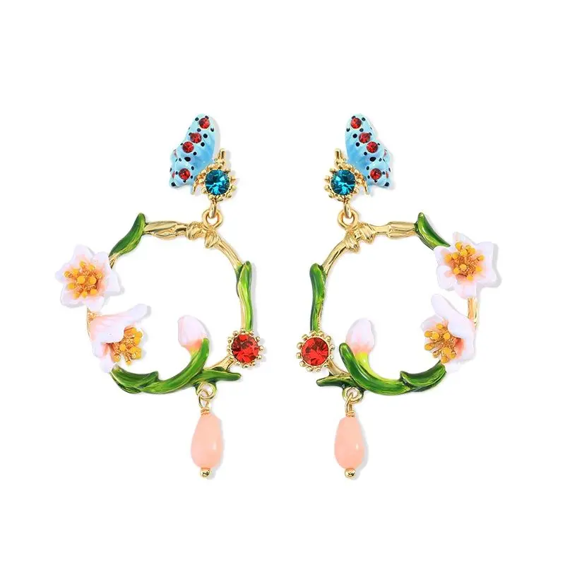 Женские серьги-гвоздики с эмалью в виде сочного винограда вишни французские