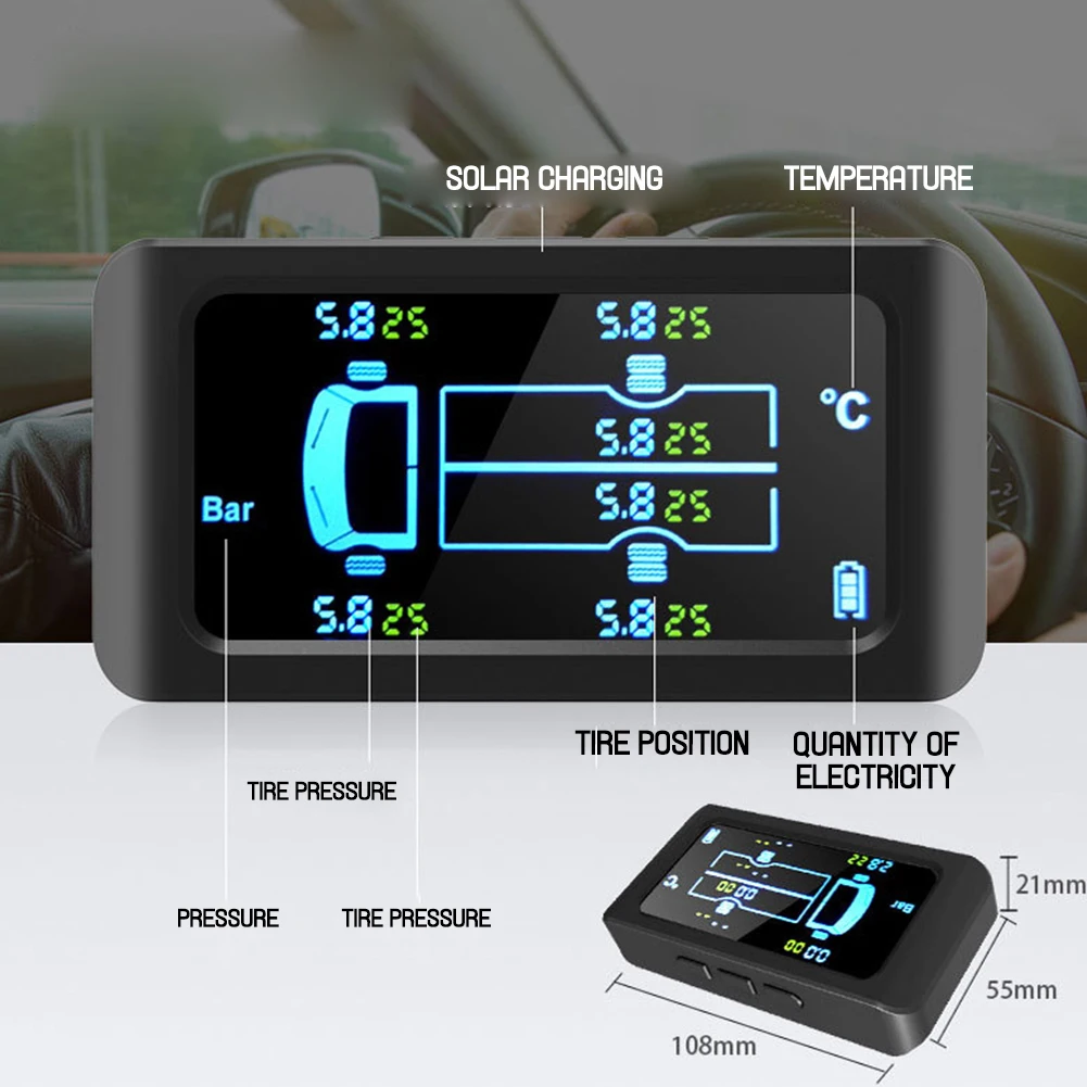 

Solar Smart Car TPMS Tire Pressure Monitoring System Digital LCD Display Auto Security Alarm 6 Sensors 122PSI 8.5Bar 800mAh