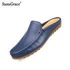 Мюли SusuGrace мужские кожаные, Летние Повседневные Дышащие легкие туфли на плоской подошве, уличные черные, синие, белые
