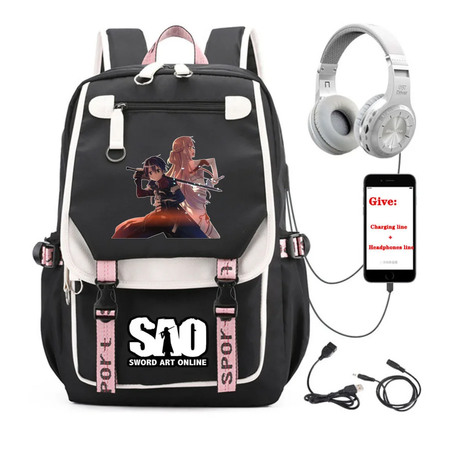 

anime Sword Art Online backpack student School book Bag Women men Travel Backpack USB Charging teenagers Laptop packsack