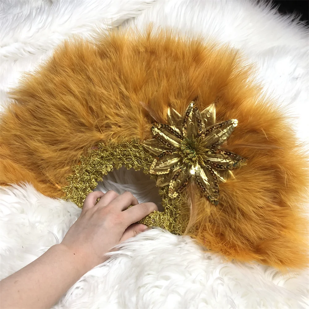 

2021 Gold Feather Handfan Handmade Fans for Wedding Decoration Hand Fan with Applique Flower African Feather Fan-30