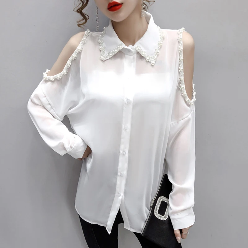 Elegant Beading long sleeve cold shoulder ladies tops summer fall 2021 button up chiffon collared shirts white blouse women C159