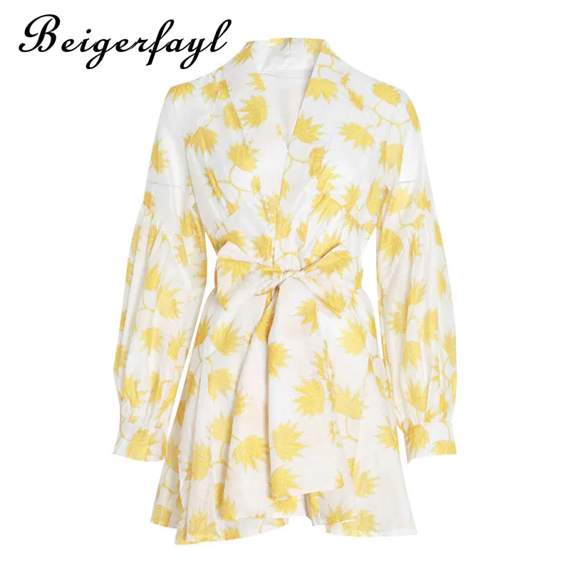 Beigerfayl Summer Vintage Yellow Maple Leaf Print Embroidery Women Dress V Neck Lantern Sleeve High Waist A-line TDR19784 | Женская