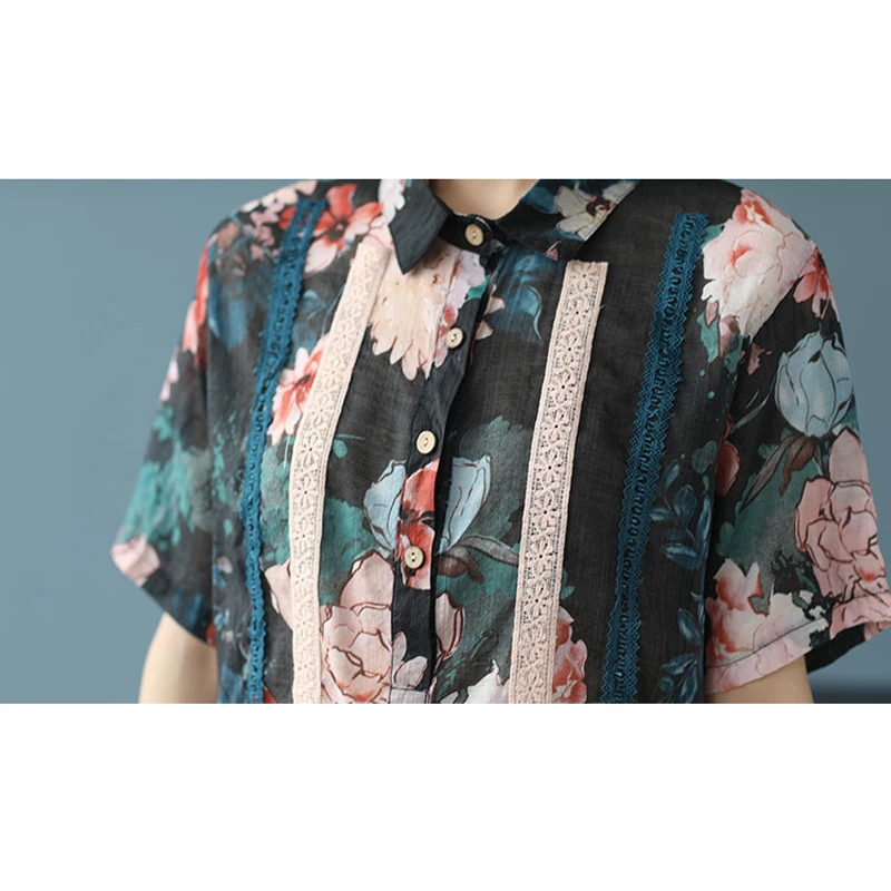 

Lace Patchwork Casual Chiffon Shirts New Summer Plus Size XL-5XL Floral Printing Loose Fashion Short Sleeves Tops 2021 T12801X