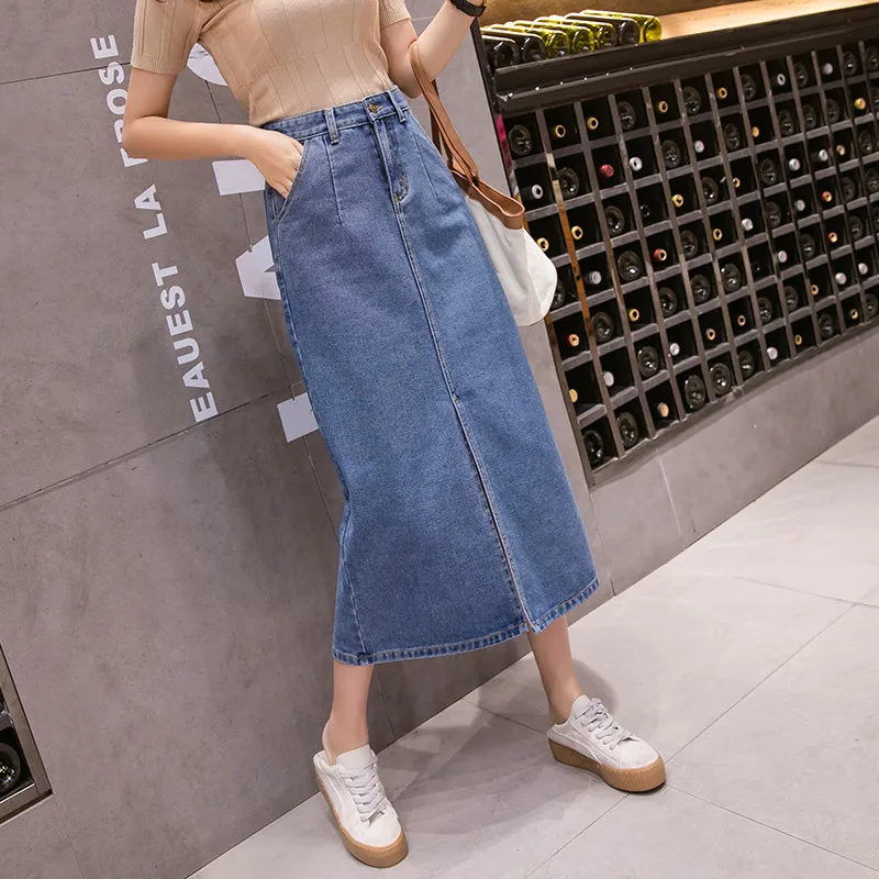

New Spring Summer Women Skirts Plus Size Casual Hem Split Pockets Slim Solid Jeans Skirts For Females Larger Denim Mid-Skirts