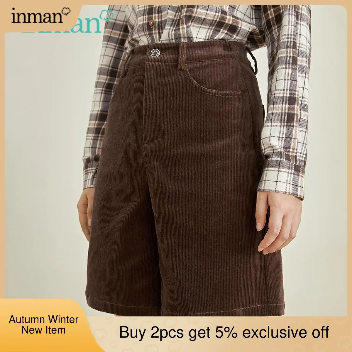 

INMAN Autumn Winter Women's Shorts Vintage Corduroy Minimalist Casual Loose Dark Brown Female Bottoms