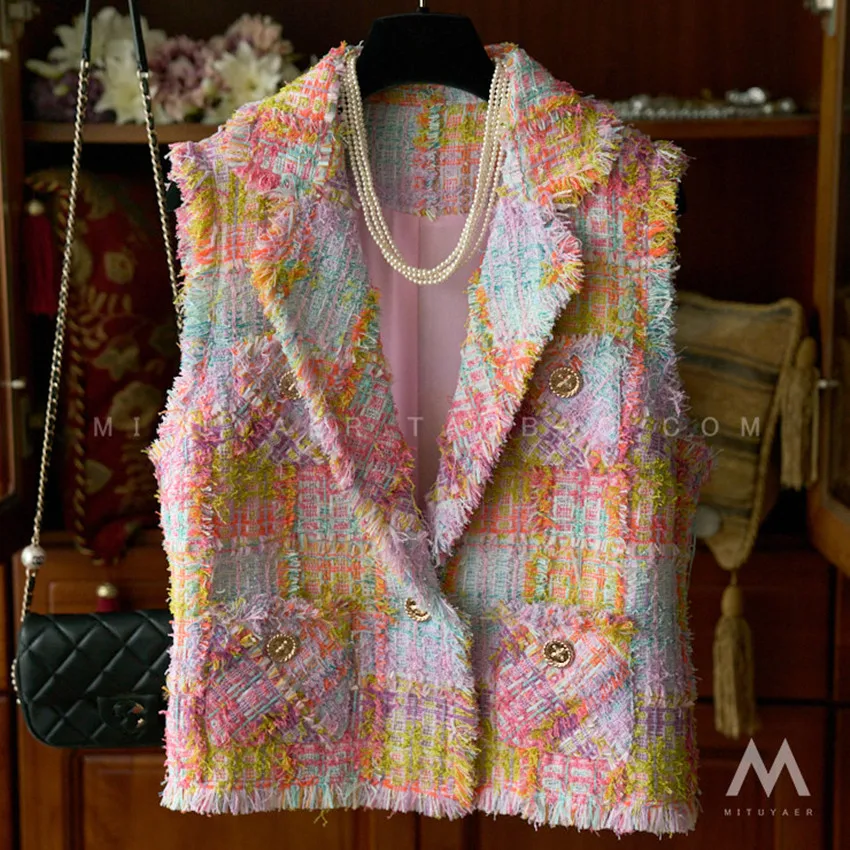 

French style autumn small fragrance tweed color vest women beautiful tassel short outwear