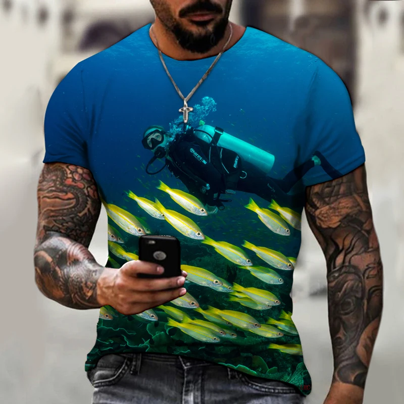 

Free Shipping Summer New High-quality Fabric Underwater World Diving 3D Printing T-shirt Men's Casual O-neck Men's T-shirt Top