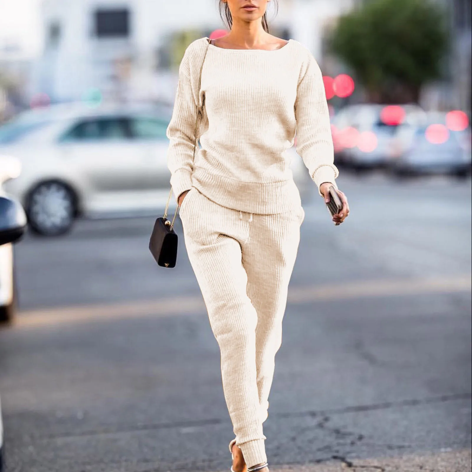 

Женский однотонный спортивный костюм, повседневный Топ с длинным рукавом и круглым вырезом и спортивные штаны, комплект из 2 предметов, осен...