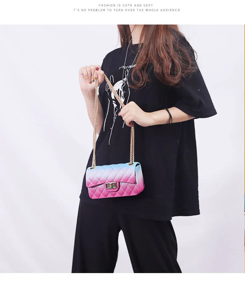 New Jelly Small Square Bag Clutch Purse Women's Bag Messenger Bag Gradient Rainbow Rhombic Chain Shoulder Crossbody Bag