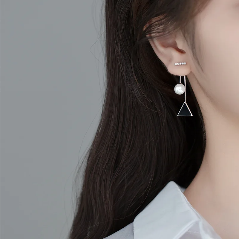 

Dreamhonor 925 Sterling Silver Long Design Pearl Triangle Charms Stud Earrings Wholesale Women Brincos