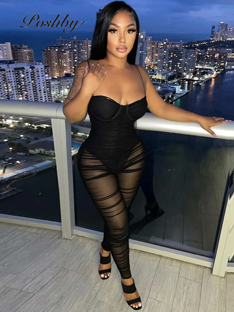 Сетчатый прозрачный Облегающий комбинезон Poshby обтягивающий женский уличный на