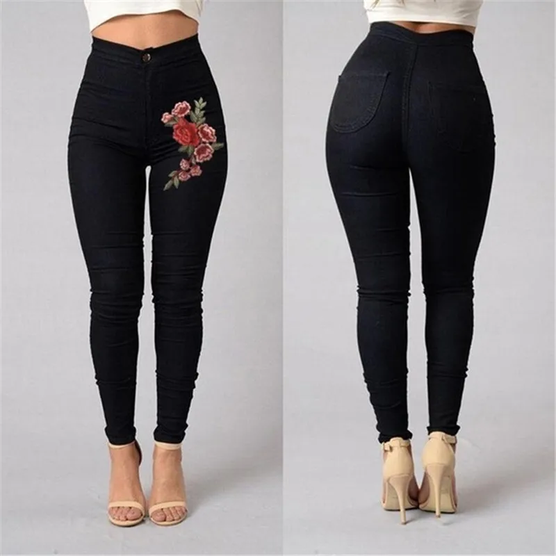 

Embroidery Flower Skinny Jeans Woman Black High Waist Render Jeans Vintage Sexy Long Pants Femme Casual Pencil Pants Denim Jeans