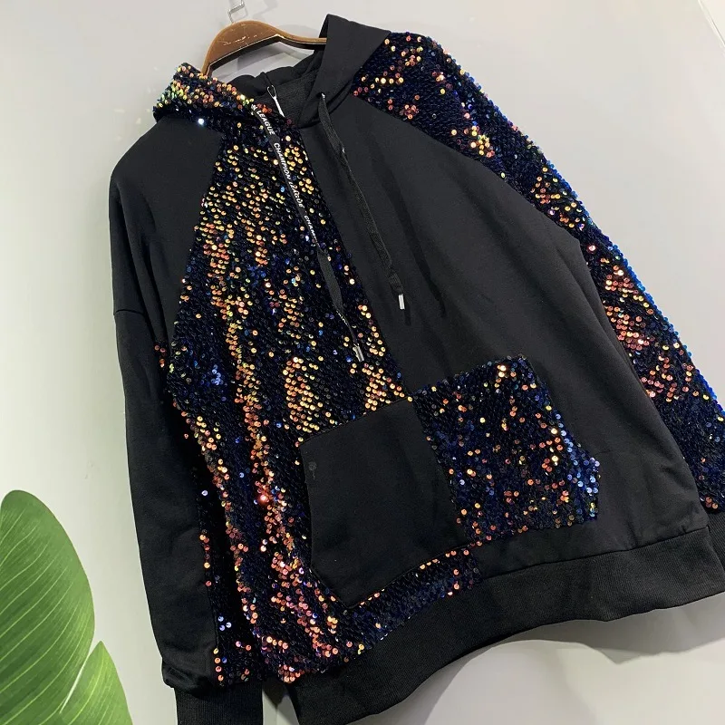 QING MO Черная Женская толстовка с капюшоном 2019 Толстовка на шнурке блестками