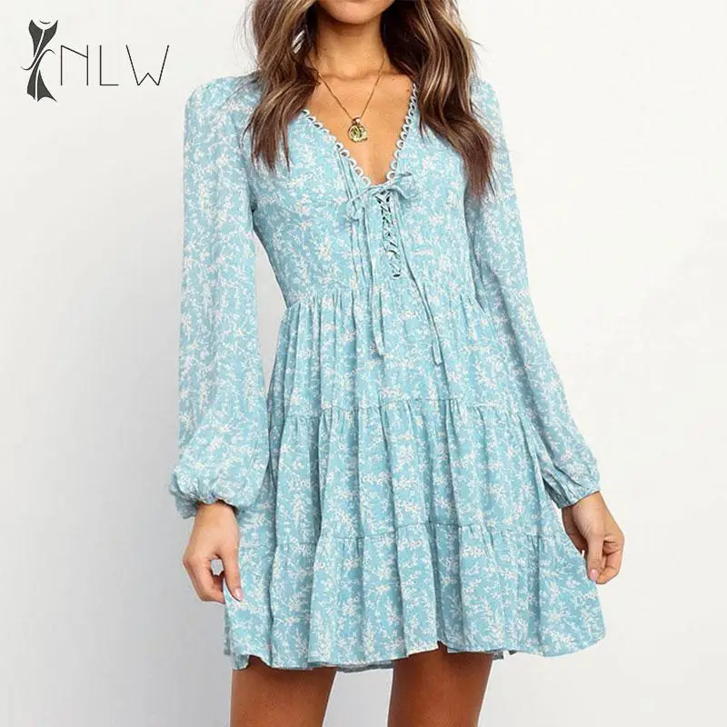 NLW Boho зимнее платье с цветочным принтом женское голубое длинными рукавами 2019