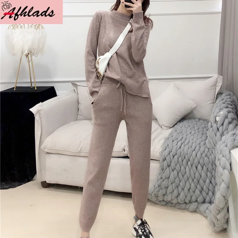 

Solid Color Pullover Long Sleeve Knitted Sweater + High Waist Straight Pants Fashion Tracksuit Casual Two-piece Sets Women