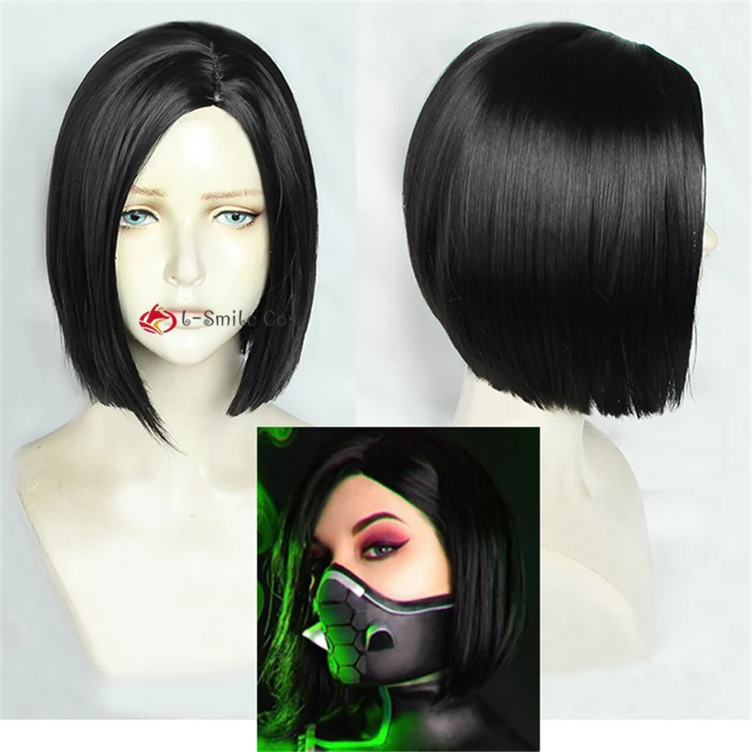 Game Valorant Viper Cosplay Wig Short Straight Black Cosplay Wigs Heat Resistant Synthetic Hair Halloween Role play + Wig Cap