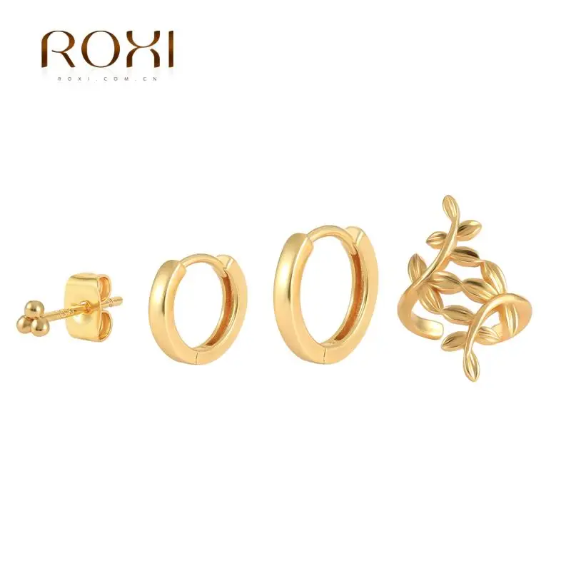 

ROXI Simple Glossy Round Leaves Clover Jewelry Set Earrings for Women 925 Sterling Silver Stud Earring Hoop aros plata 925 mujer