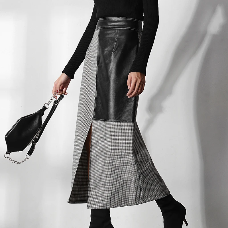 

Модные Дизайнерские юбки из искусственной кожи с разрезом, женская кожаная юбка в стиле колледжа с высокой талией и рисунком «гусиные лапки...