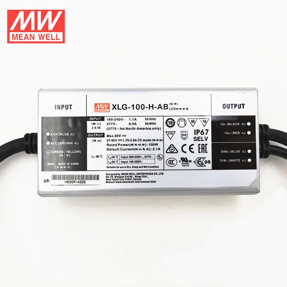 MEAN WELL-fuente de alimentación LED regulable con atenuación ajustable, controlador de potencia constante de 100W, 27-56V, 2100mA, XLG-100-H-AB
