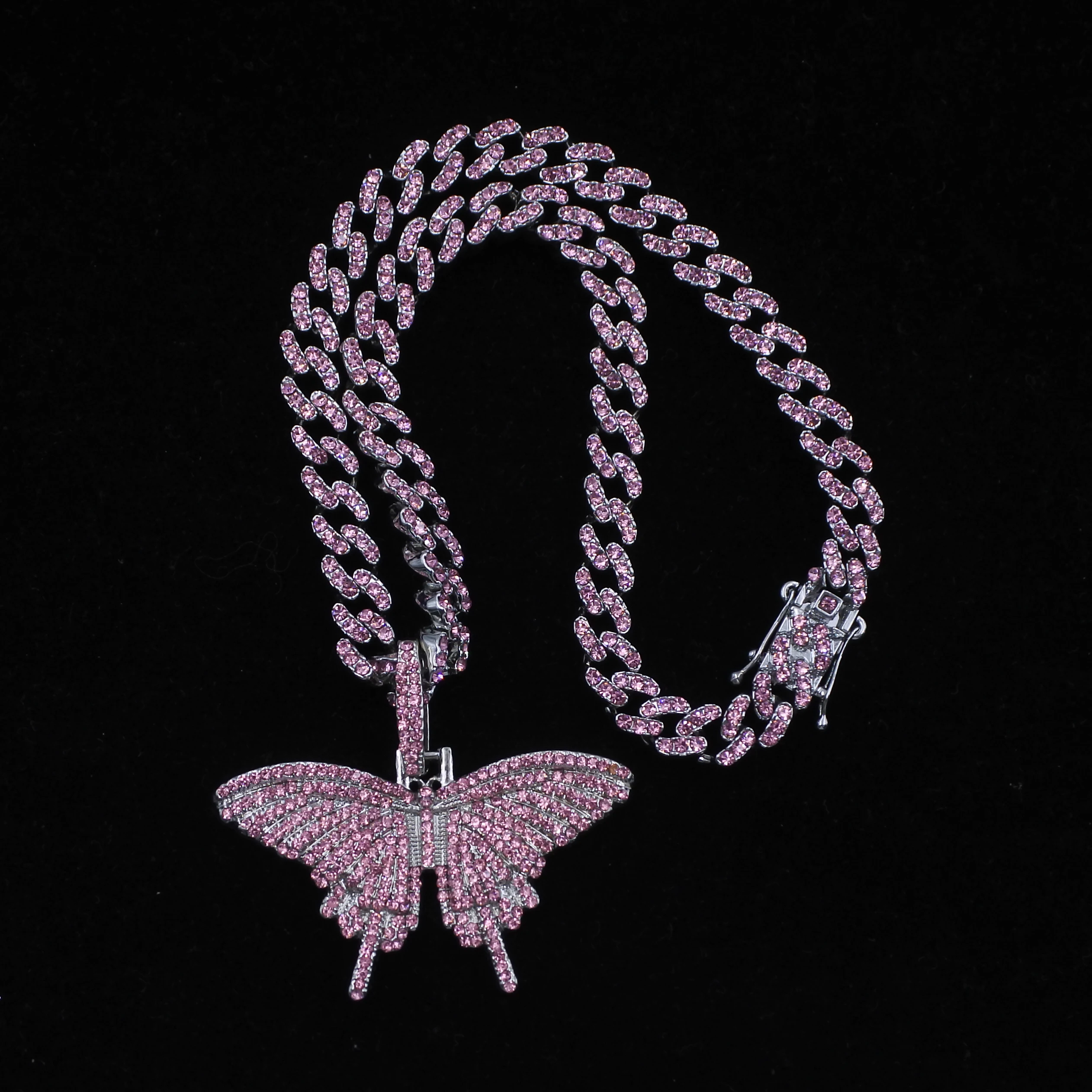 

8MM12MM Pink Color Butterfly Pendant 59MM 77MM Necklace Charm Women Men 2021 Fashion Hip Hop Rock Jewelry with Cuban miami Chain