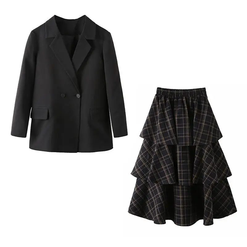XL-5XL Plus size Autumn Women Blazers Plaid Skirt Suits Lady Office Large Size Single Breasted Jacket Ruffle Two Piece Set | Женская
