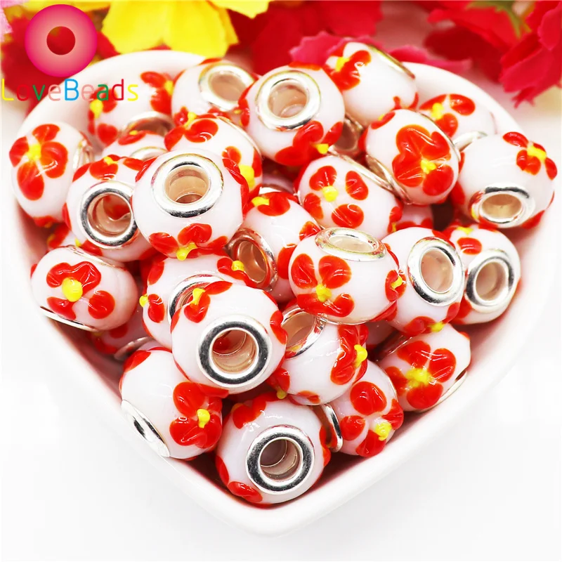 Бусины стеклянные круглые с большими отверстиями для браслетов Пандоры 10 шт. -