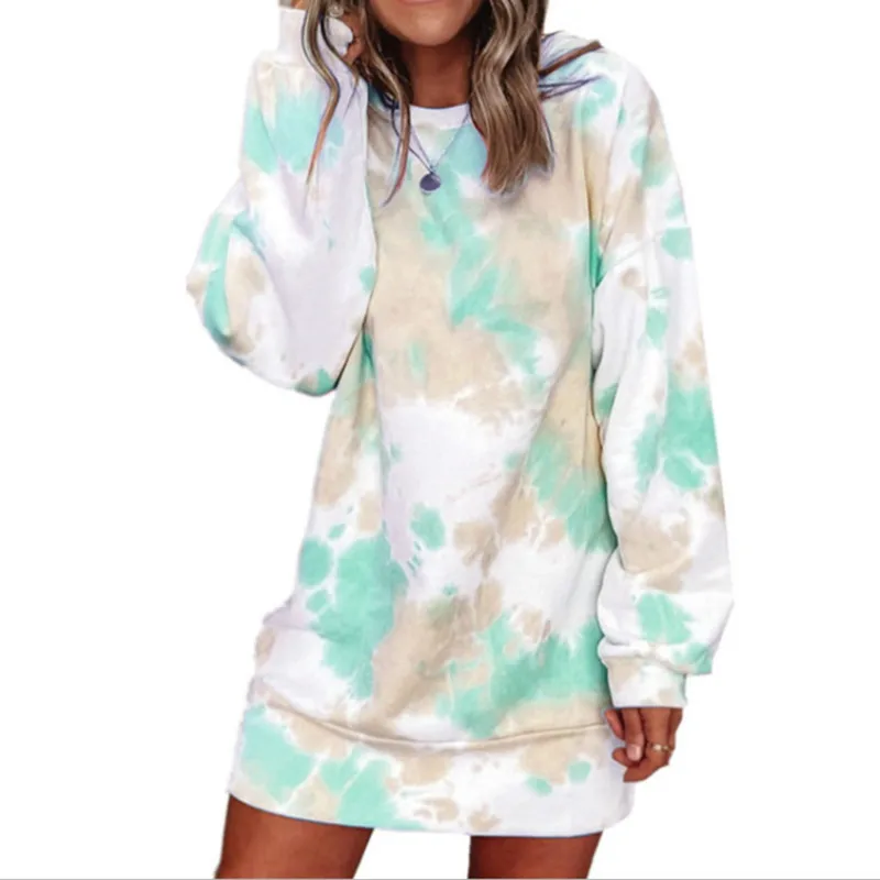 

Women Fashion 2020 Tie Dye Color Sweatshirt Dress Crew Neck Long Sleeve Casual Loose Tops Harajuku style sweatshirt gothic