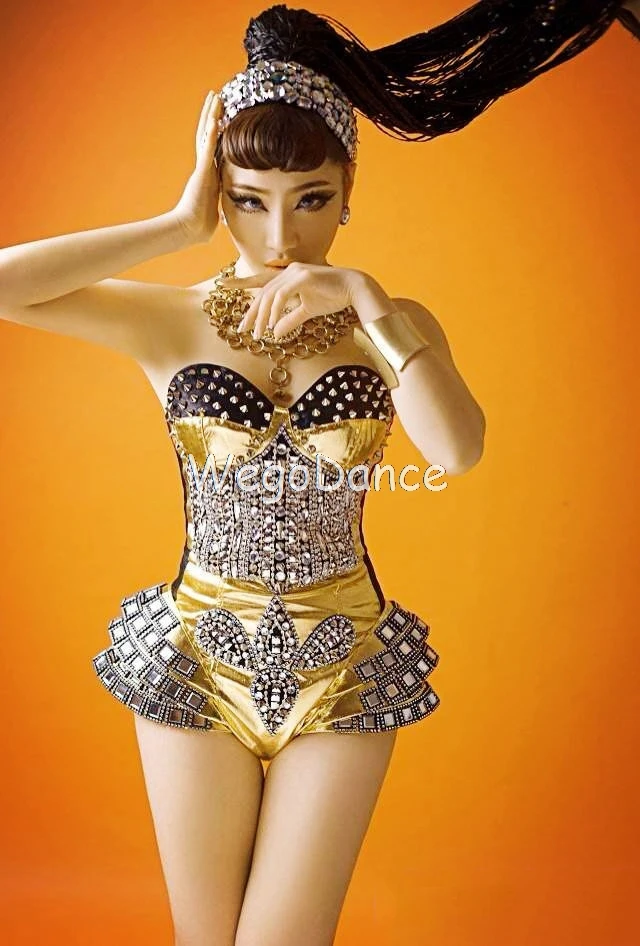 

Customized New Women rivet bodysuit sparkle rhinestones singer dancer leotard gogo costume