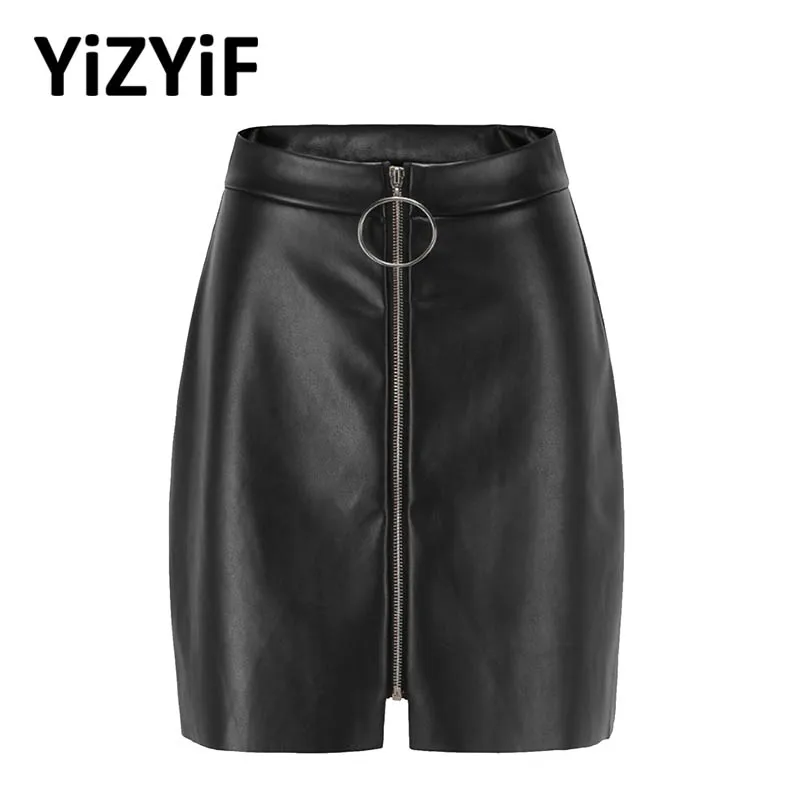 

Women Black PU Leather Skirts Front O-Ring Zipper Rave Clubwear Ladies Fashion High Waist Wet Look Slim Bodycon Sexy Miniskirt