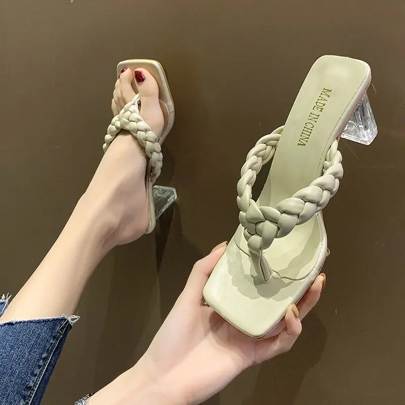 

Women Weave Slippers Square Toe High Heel Sandals Outdoor Casual Comfortable Beach Female Flip Flops Platform Luxury Sandals