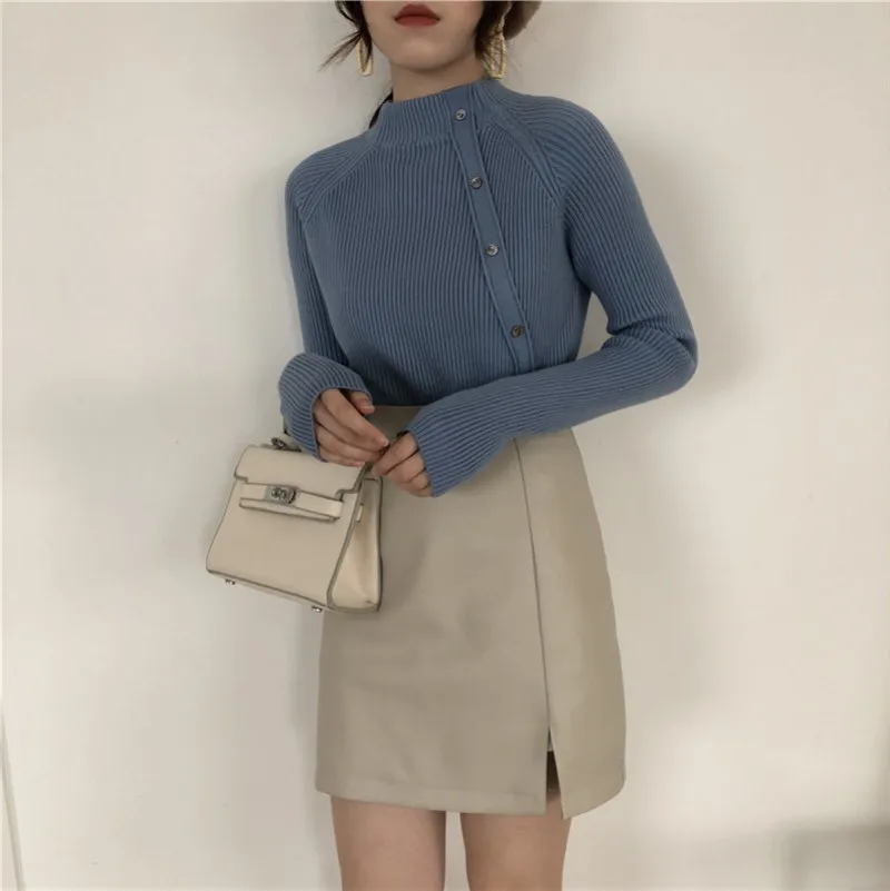

2020 Fashion Chic Half Turtleneck Thick Women Knitted Jumpers Full Sleeve irregular Buttons Female Sweater Tops Autumn Winter