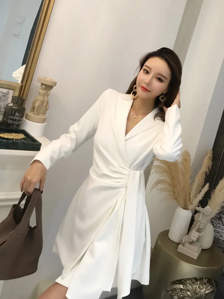 

Temperament Women Lapel White Dress Wrinkles Bandage Irregular Female Dresses High Waist Slim Ladies Dress 2020 autumn