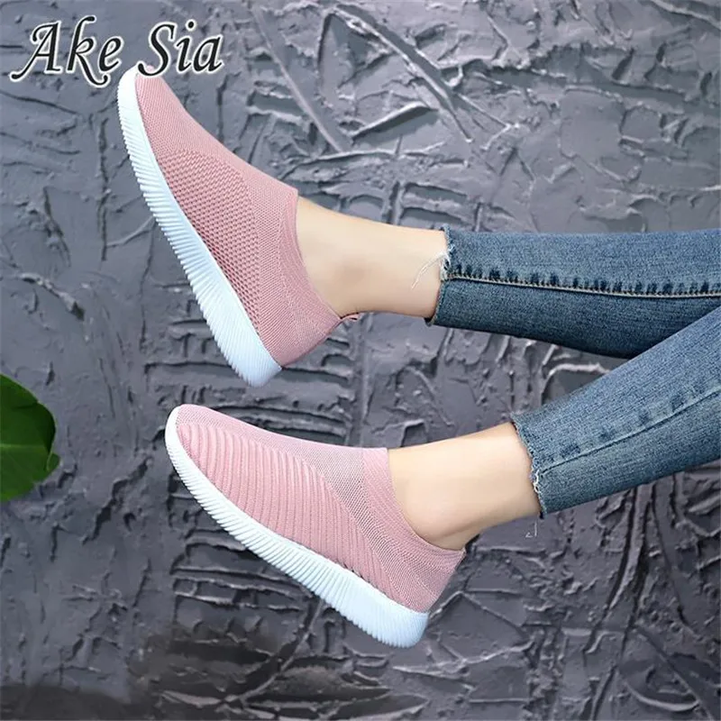 Кроссовки женские вязаные без шнуровки Вулканизированная плоская подошва