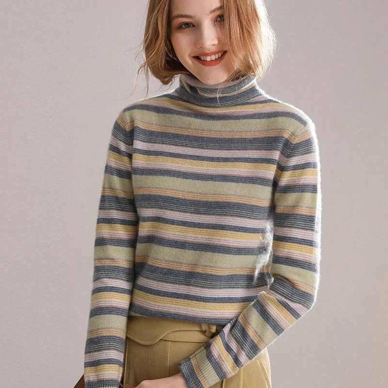 

SHZQ Autumn and Winter New Fashion Color Matching Cashmere Sweater Women's Bottoming Jacket 100% Pure Cashmere