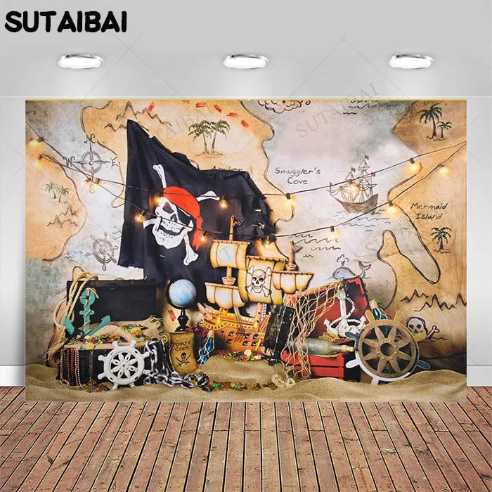 

Pirate Ship Backdrops Boy Birthday Decor World Map Treasure Adventure Baby Photography Backgrounds Photo Studio Props Photozone