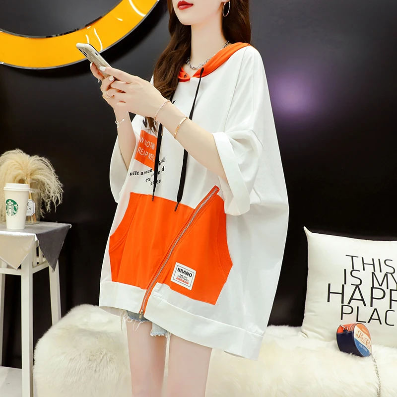 

Kekeplus Store Korean Style Fashion Print Hooded Cotton T-Shirts for Women Summer Plus Size Casual Loose Top Tees TShirt CY88802