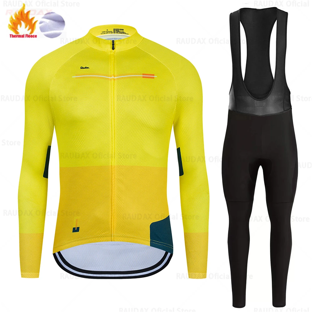 

2021 New Raudax Pro Winter Cycling Suit Bib Set Warm Wool Fleece Ropa Ciclismo Invierno Bicycle Men Triathlon Bike Jersey