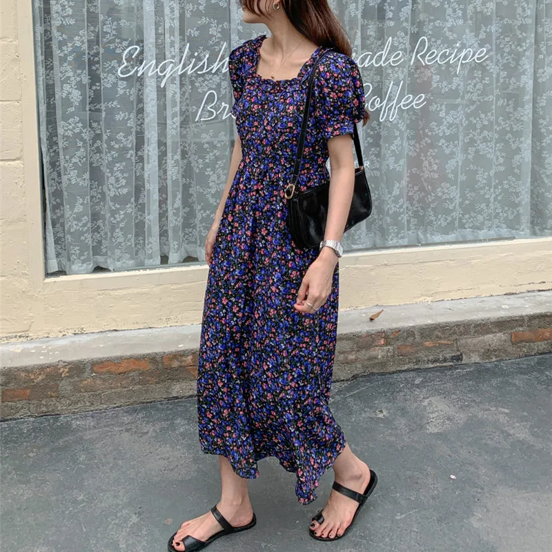 Женское платье с коротким рукавом Hzirip длинное квадратным вырезом и цветочным