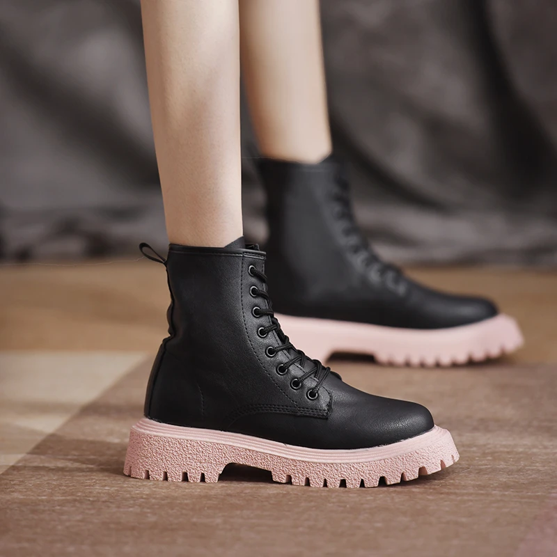 

New Fashion Womens Marten Boots Retro Female Ankel Short Boots Pink Platform Shoes Warm Plush Winter Shoes Combat Boots