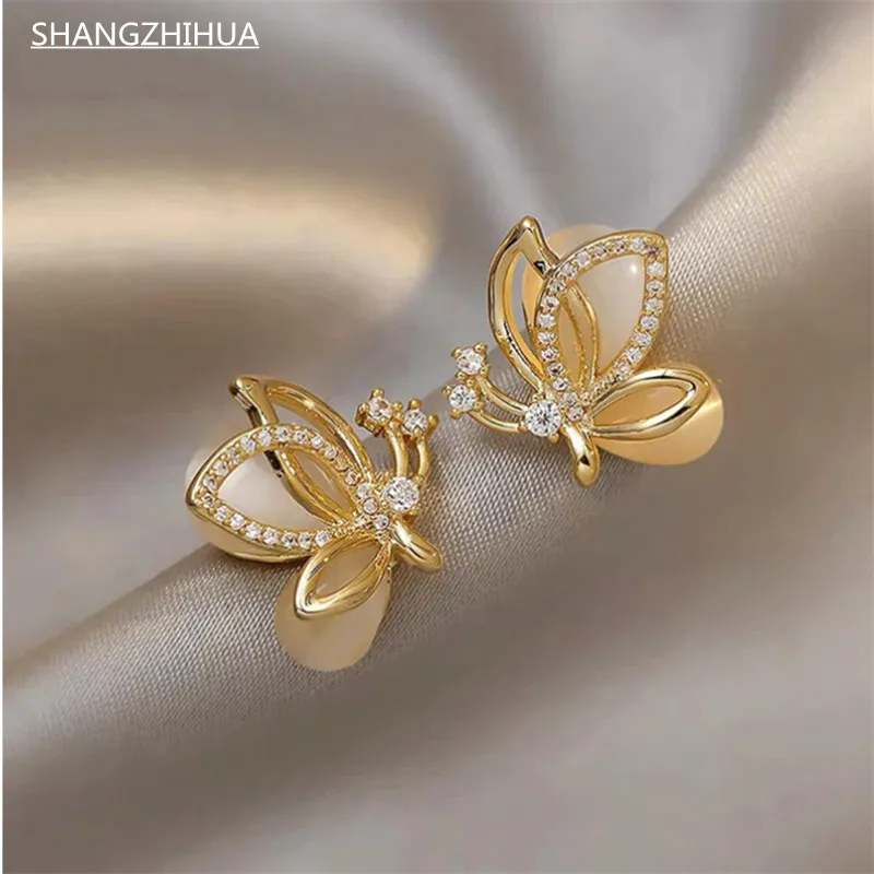 

SHANGZHIHUA Lovely Classic Luxury Opal Zircon Butterfly Earrings For Women Delicate Unusual Christmas Jewelry Gift Accessories