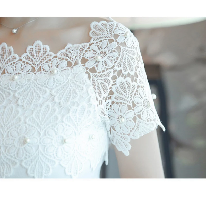 

New Sexy Fashion Summer Strapless Crossbody Collar Solid Color Lace Pearl short-sleeved Shirt women's Korean Shirt F2